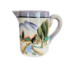 Vintage Lusterware Pitcher Blue Hand Painted Pitcher Creamer Homestead Scenic